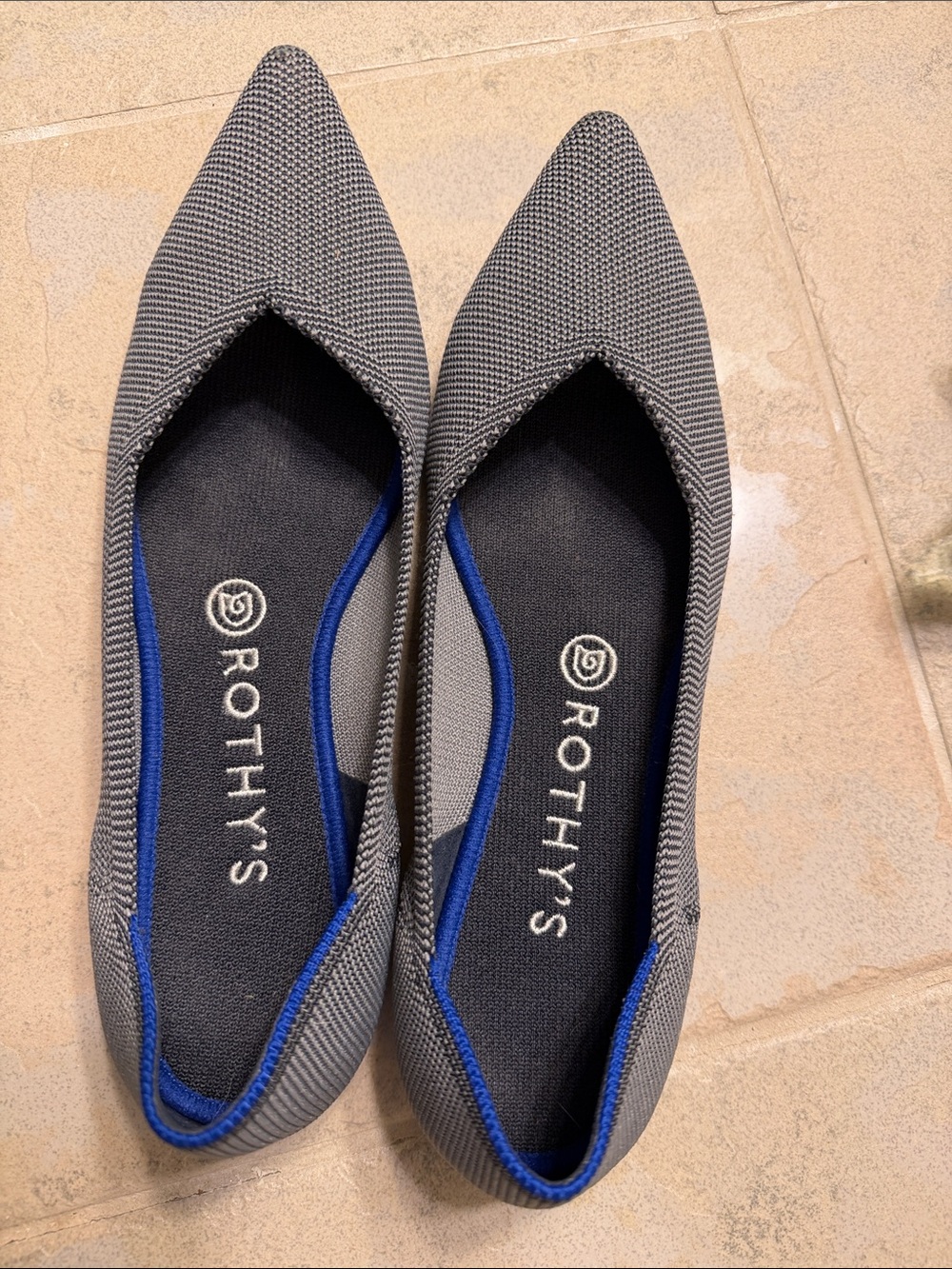 Rothy's Gray Knit Pointed Flats with Blue Trim